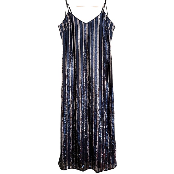 ANTHROPOLOGIE Maeve Sequins Bling Cocktail Party Striped Midi Dress Sz M/P NWT - Picture 3 of 12